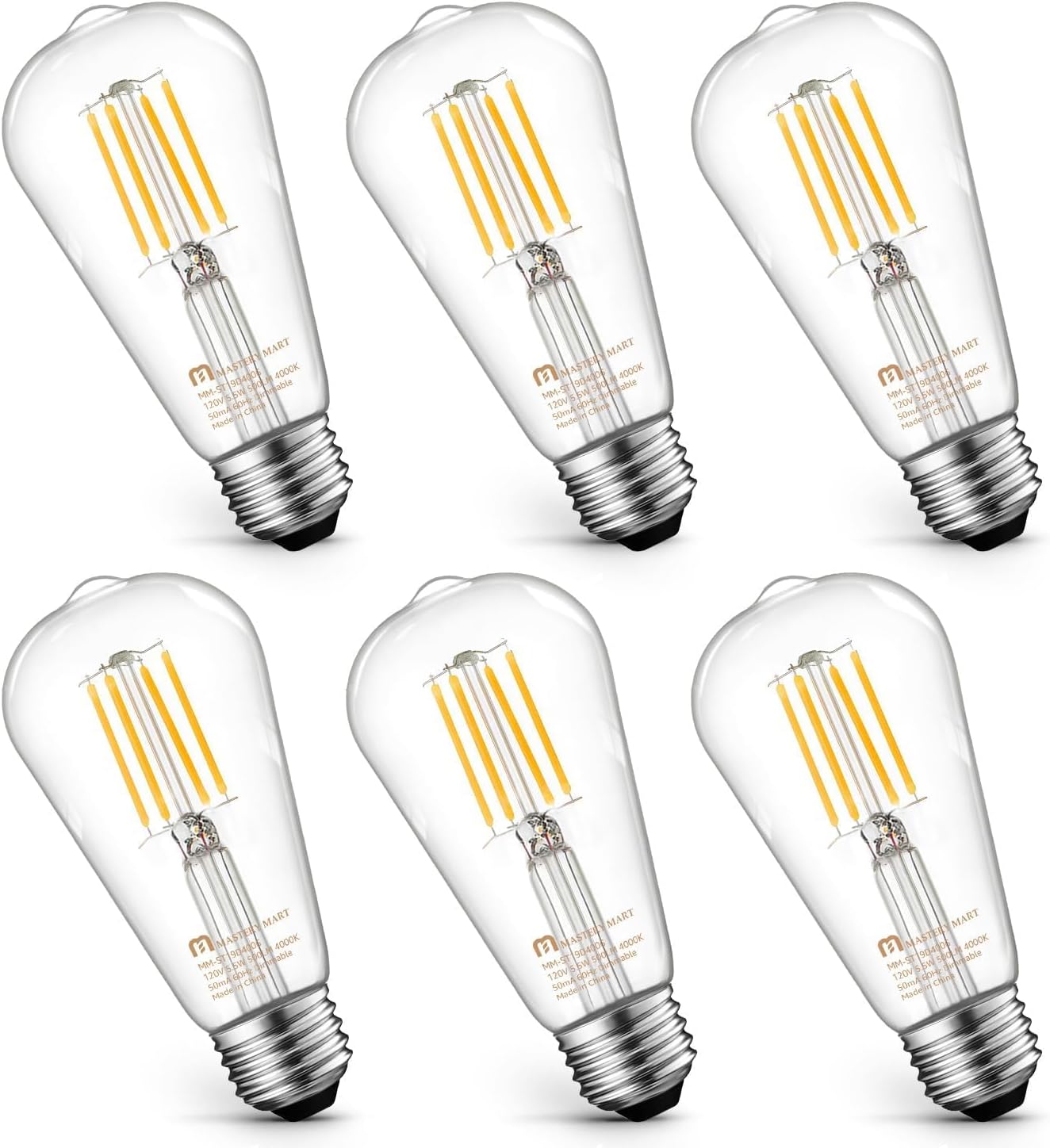 6 Pcs of ST19 LED Glass Bulbs - Dimmable, 5.5W