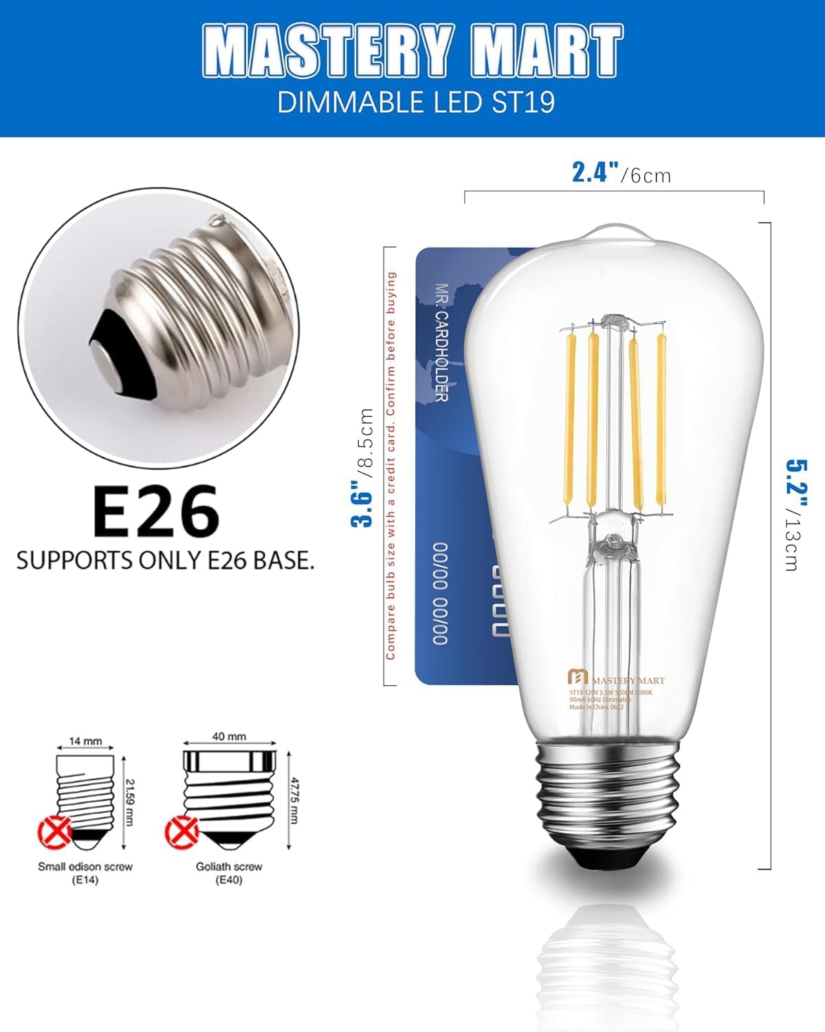 6 Pcs of ST19 LED Glass Bulbs - Dimmable, 5.5W