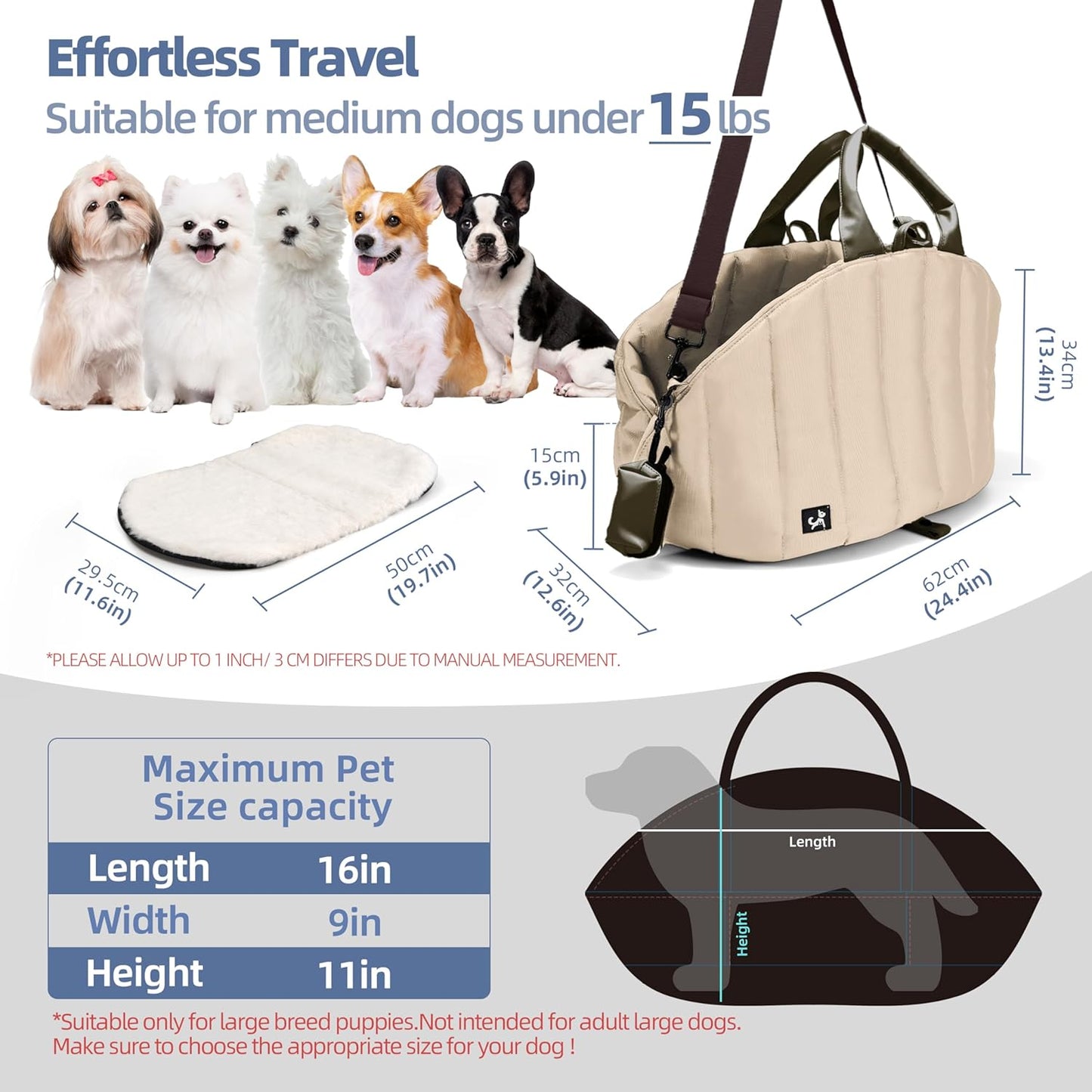 Medium Dog Carrier Purse - 24.4x12.6x13.4 inches, Cream Beige
